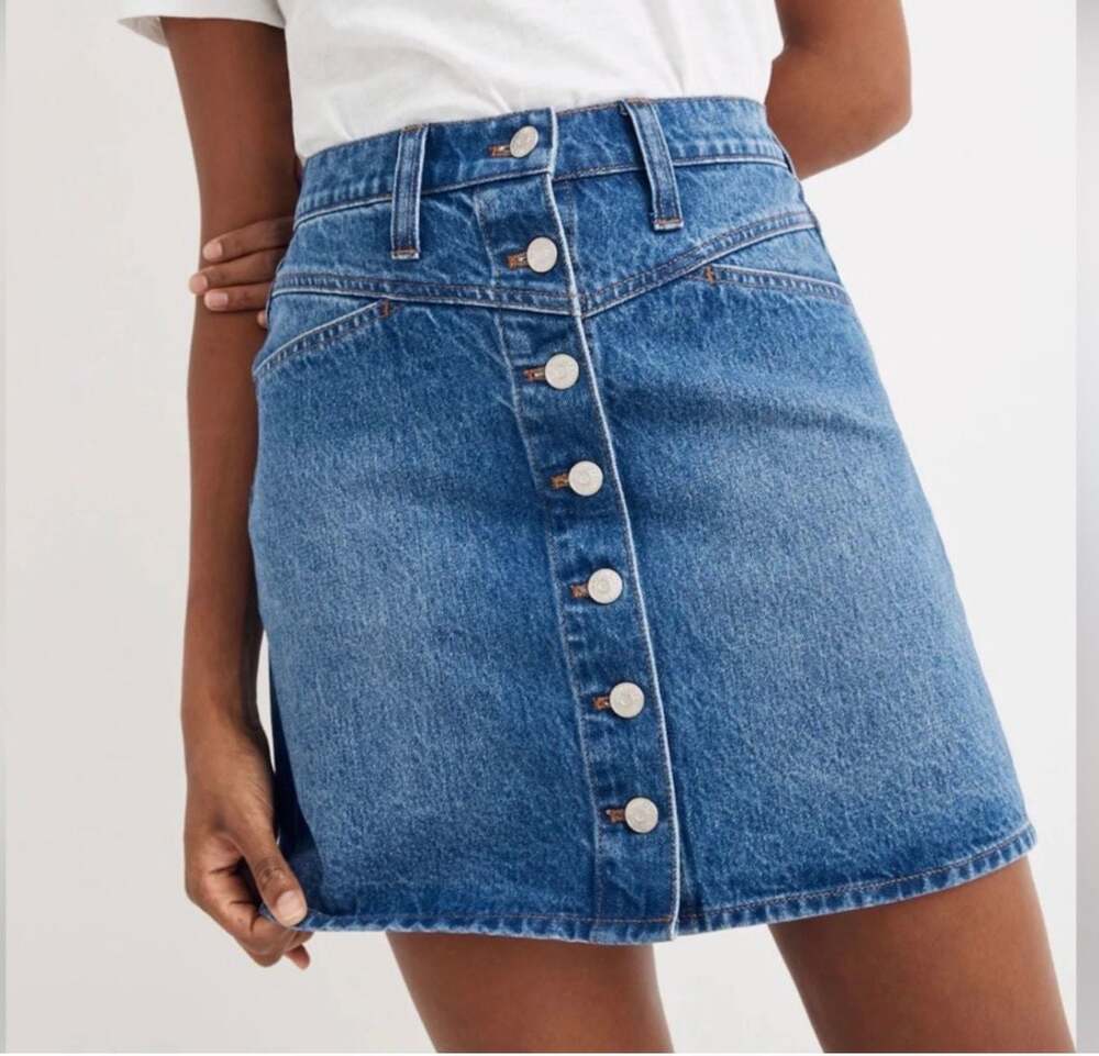 Madewell Button-Front A-Line Denim Mini Skirt 29 - Picture 2 of 8